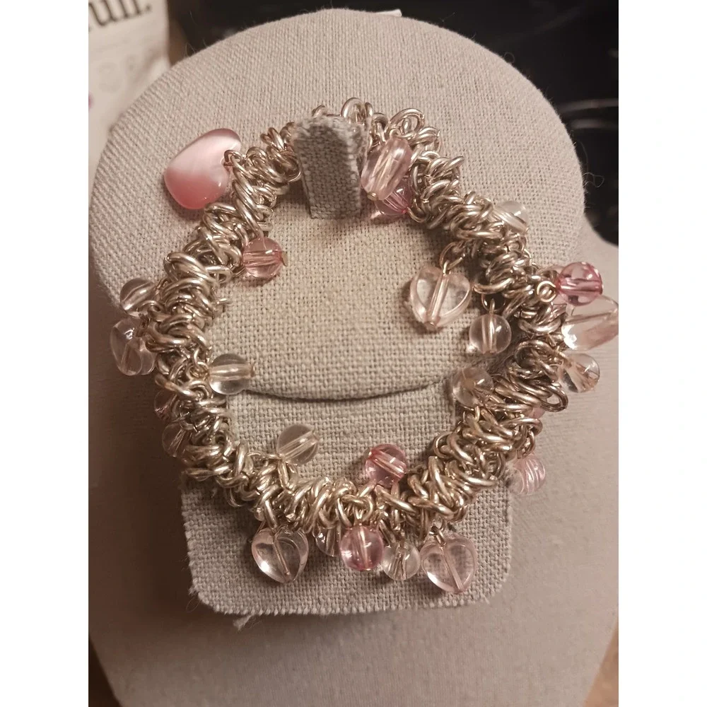 Silvertone Pink Heart Glass Bead Chunky Chain Link Stretch Bracelet Y2K Coquette